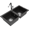 Mexen Mario granite sink 2-compartment with Flora kitchen faucet, black/silver metallic - 6504-73-670401-07
