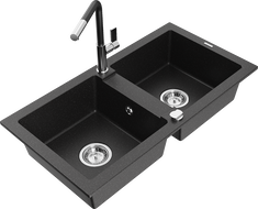 Mexen Mario granite sink 2-bowl with Flora kitchen tap, black/silver metallic - 6504-73-670401-07