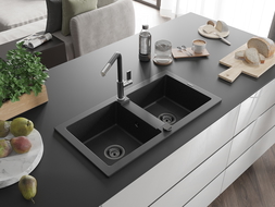 Mexen Mario granite sink 2-bowl with Flora kitchen tap, black/silver metallic - 6504-73-670401-07-B