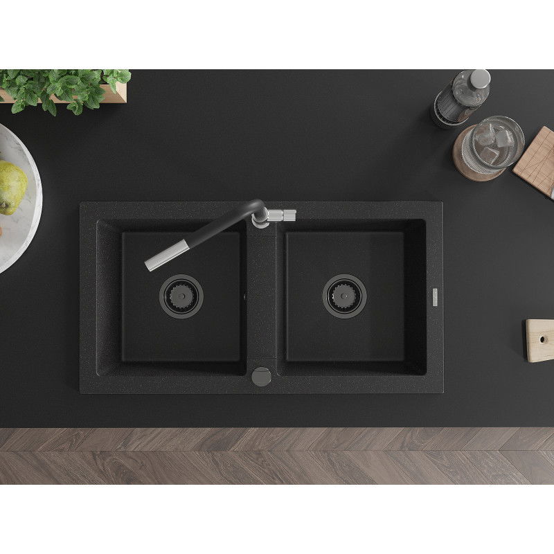 Mexen Mario granite sink 2-bowl with Flora kitchen tap, black/silver metallic - 6504-73-670401-07-B