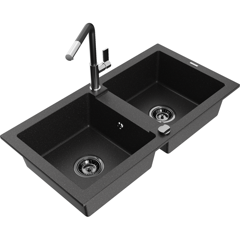 Mexen Mario 2-compartment granite sink with a kitchen mixer tap Flora, Black/Silver metallic - 6504-73-670401-07-B