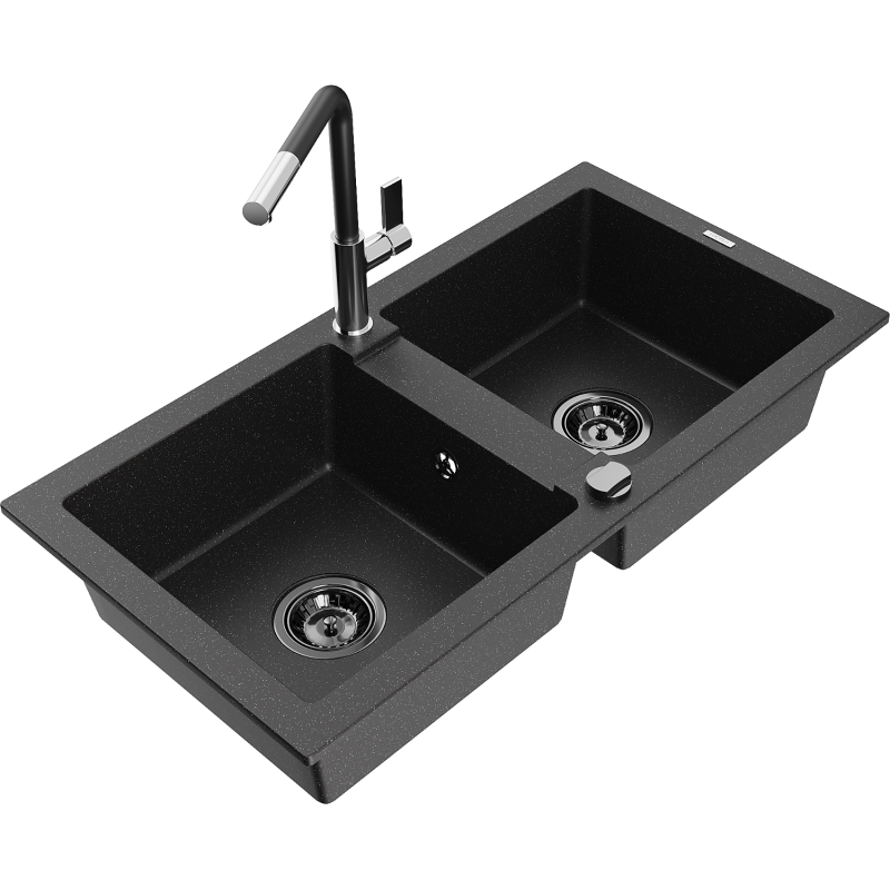Mexen Mario granite sink 2-bowl with Flora kitchen tap, black/silver metallic - 6504-73-670401-07-B