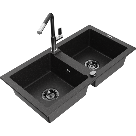 Mexen Mario granite kitchen sink with 2 chambers and Flora kitchen faucet, black/silver metallic - 6504-73-670401-07-B