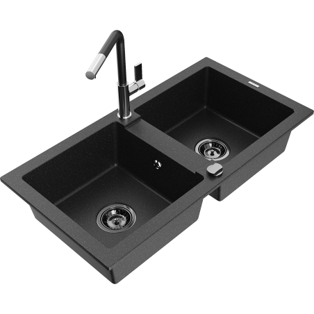 Mexen Mario granite sink 2-bowl with Flora kitchen tap, black/silver metallic - 6504-73-670401-07-B