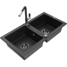 Mexen Mario granite kitchen sink with 2 chambers and Flora kitchen faucet, black/silver metallic - 6504-73-670401-07-B