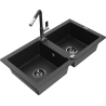 Mexen Mario granite sink 2-bowl with Flora kitchen tap, black/silver metallic - 6504-73-670401-07-B