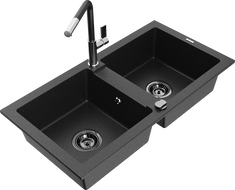 Mexen Mario granite sink 2-bowl with Flora kitchen tap, black/silver metallic - 6504-73-670401-07-B