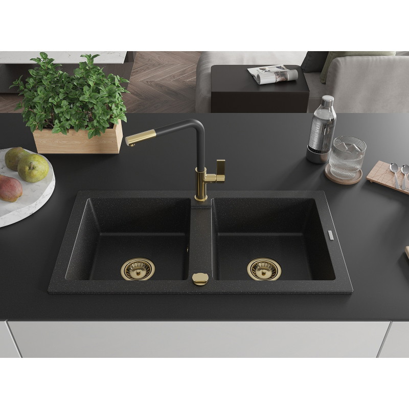 Mexen Mario 2-bowl granite sink with Flora kitchen faucet, black/silver metallic - 6504-73-670401-57-G