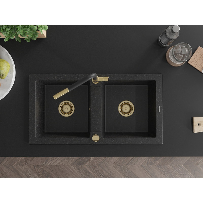 Mexen Mario granite kitchen sink with two chambers and Flora kitchen faucet, black/silver metallic - 6504-73-670401-57-G