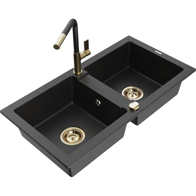 Mexen Mario granite kitchen sink with two chambers and Flora kitchen faucet, black/silver metallic - 6504-73-670401-57-G