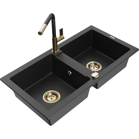 Mexen Mario granite sink 2-bowl with Flora kitchen tap, black/silver metallic - 6504-73-670401-57-G