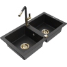 Mexen Mario 2-bowl granite sink with Flora kitchen faucet, black/silver metallic - 6504-73-670401-57-G