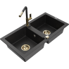 Mexen Mario granite kitchen sink with two chambers and Flora kitchen faucet, black/silver metallic - 6504-73-670401-57-G