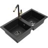 Mexen Mario granite 2-bowl sink with Flora kitchen faucet, black/silver metallic - 6504-73-670401-57-B