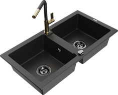 Mexen Mario granite 2-bowl sink with Flora kitchen faucet, black/silver metallic - 6504-73-670401-57-B
