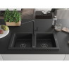 Mexen Mario 2-bowl granite sink with Flora kitchen faucet, black/silver metallic - 6504-73-670401-70-B