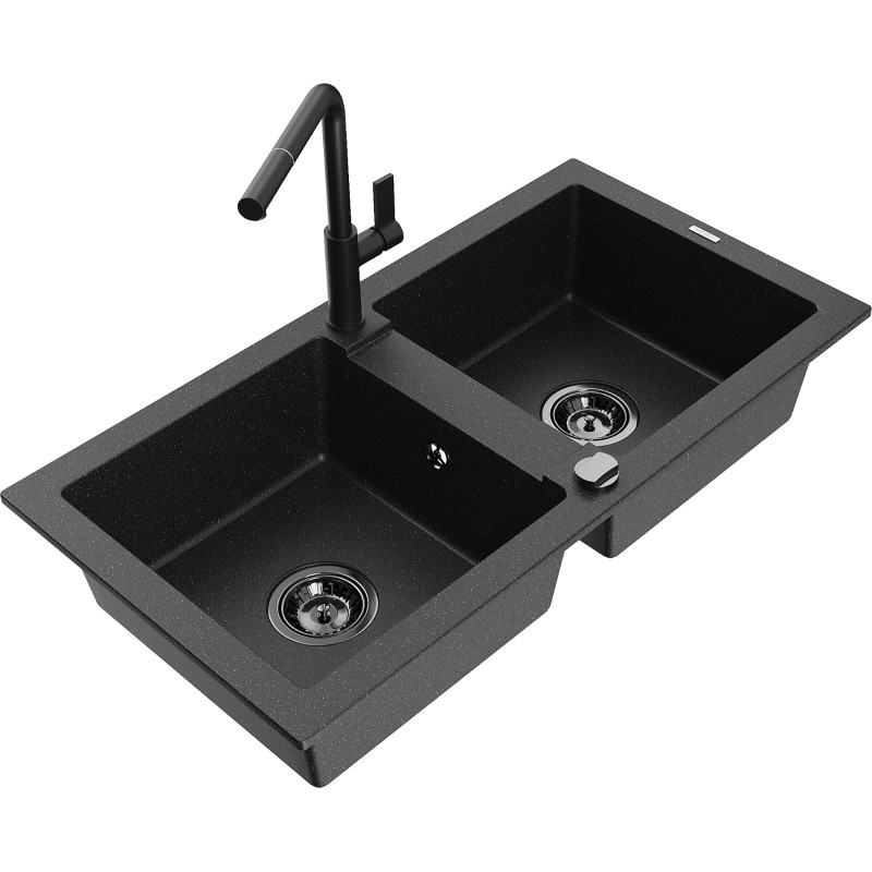 Mexen Mario 2-bowl granite sink with Flora kitchen faucet, black/silver metallic - 6504-73-670401-70-B