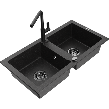 Mexen Mario 2-bowl granite sink with Flora kitchen faucet, black/silver metallic - 6504-73-670401-70-B