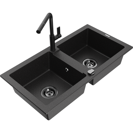Mexen Mario granite sink 2-chamber with Flora kitchen tap, black/silver metallic - 6504-73-670401-70-B