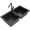 Mexen Mario 2-compartment granite sink with a kitchen mixer tap Flora, Black/Silver metallic - 6504-73-670401-70-B