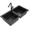 Mexen Mario granite sink 2-chamber with Flora kitchen tap, black/silver metallic - 6504-73-670401-70-B