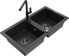 Mexen Mario 2-bowl granite sink with Flora kitchen faucet, black/silver metallic - 6504-73-670401-70-B