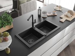 Mexen Mario 2-bowl granite sink with Flora kitchen faucet, black/silver metallic - 6504-73-670401-70-B
