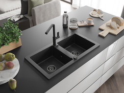 Mexen Mario granite sink 2-chamber with Flora kitchen tap, black/silver metallic - 6504-73-670401-70-B