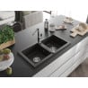 Mexen Mario 2-bowl granite sink with Flora kitchen tap, black/gold metallic - 6504-75-670401-00