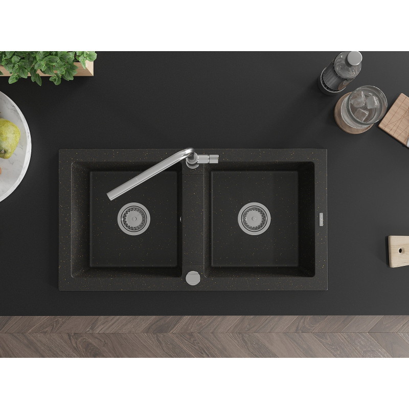 Mexen Mario 2-Bowl Granite Kitchen Sink with Flora Faucet, Black/Gold Metallic - 6504-75-670401-00