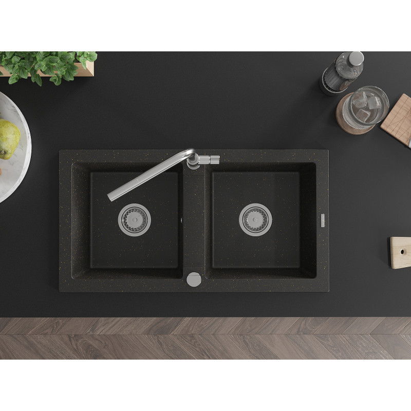 Mexen Mario 2-bowl granite sink with Flora kitchen tap, black/gold metallic - 6504-75-670401-00