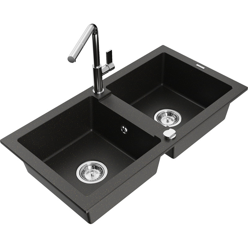 Mexen Mario 2-Bowl Granite Kitchen Sink with Flora Faucet, Black/Gold Metallic - 6504-75-670401-00