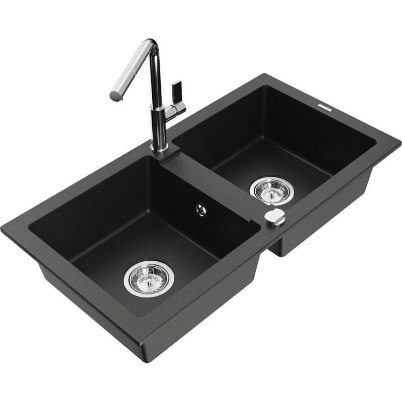 Mexen Mario 2-bowl granite sink with Flora kitchen tap, black/gold metallic - 6504-75-670401-00