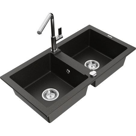 Mexen Mario 2-Bowl Granite Kitchen Sink with Flora Faucet, Black/Gold Metallic - 6504-75-670401-00