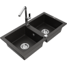 Mexen Mario granite kitchen sink 2-bowl with Flora kitchen faucet, black/gold metallic - 6504-75-670401-00