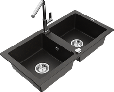 Mexen Mario granite kitchen sink 2-bowl with Flora kitchen faucet, black/gold metallic - 6504-75-670401-00