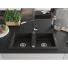 Mexen Mario granite double-bowl sink with Flora kitchen faucet, black/gold metallic - 6504-75-670401-07
