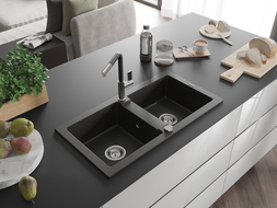 Mexen Mario 2-compartment granite sink with a kitchen mixer tap Flora, Black/Gold metallic - 6504-75-670401-07