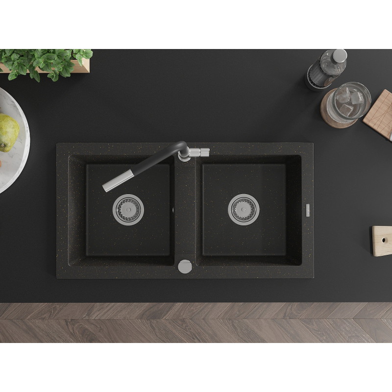 Mexen Mario granite double-bowl sink with Flora kitchen faucet, black/gold metallic - 6504-75-670401-07