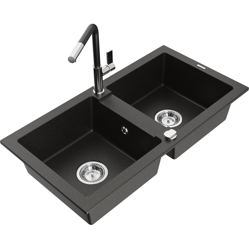 Mexen Mario 2-bowl granite sink with kitchen tap Flora, black/golden metallic - 6504-75-670401-07