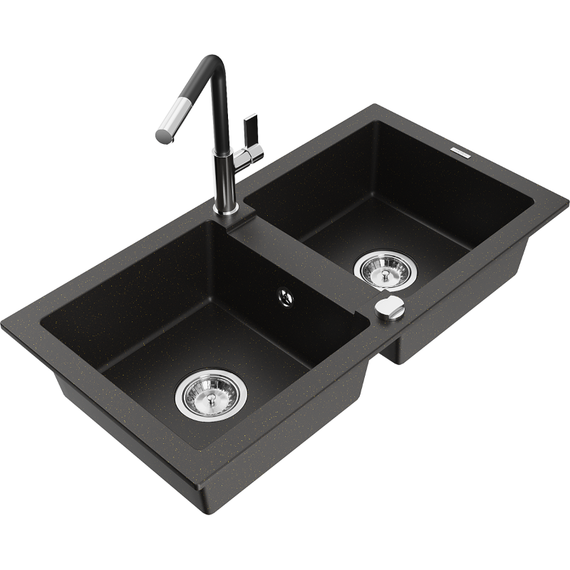 Mexen Mario 2-compartment granite sink with a kitchen mixer tap Flora, Black/Gold metallic - 6504-75-670401-07