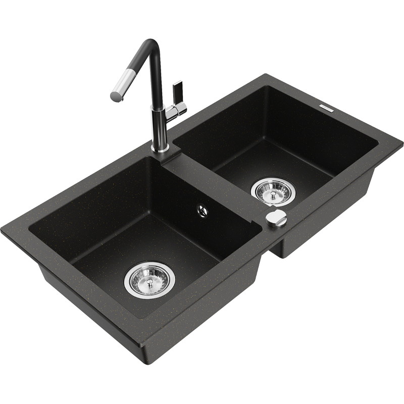 Mexen Mario granite double-bowl kitchen sink with Flora faucet, black/gold metallic - 6504-75-670401-07