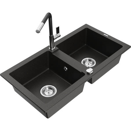 Mexen Mario granite double-bowl sink with Flora kitchen faucet, black/gold metallic - 6504-75-670401-07