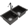 Mexen Mario granite double-bowl kitchen sink with Flora faucet, black/gold metallic - 6504-75-670401-07