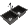 Mexen Mario granite double-bowl sink with Flora kitchen faucet, black/gold metallic - 6504-75-670401-07