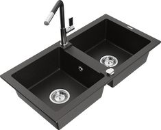 Mexen Mario granite double-bowl sink with Flora kitchen faucet, black/gold metallic - 6504-75-670401-07