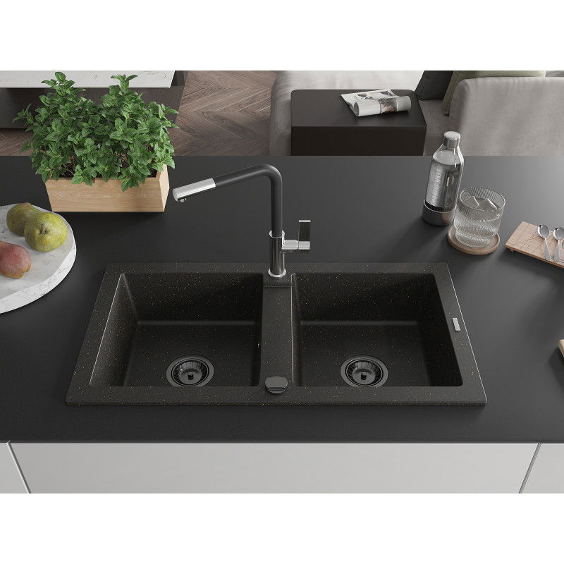 Mexen Mario 2-bowl granite sink with Flora kitchen tap, black/gold metallic - 6504-75-670401-07-B