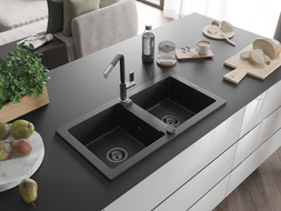 Mexen Mario 2-bowl granite sink with Flora kitchen faucet, black/gold metallic - 6504-75-670401-07-B