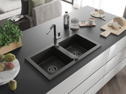 Mexen Mario 2-compartment granite sink with a kitchen mixer tap Flora, Black/Gold metallic - 6504-75-670401-07-B