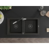 Mexen Mario granite double-bowl sink with Flora kitchen faucet, black/gold metallic - 6504-75-670401-07-B